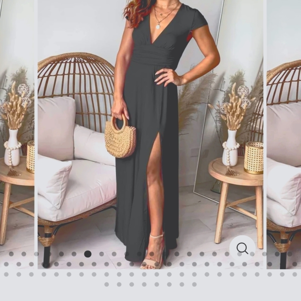 V-Neck Cap Sleeve Maxi Dress with Side Slit - Black